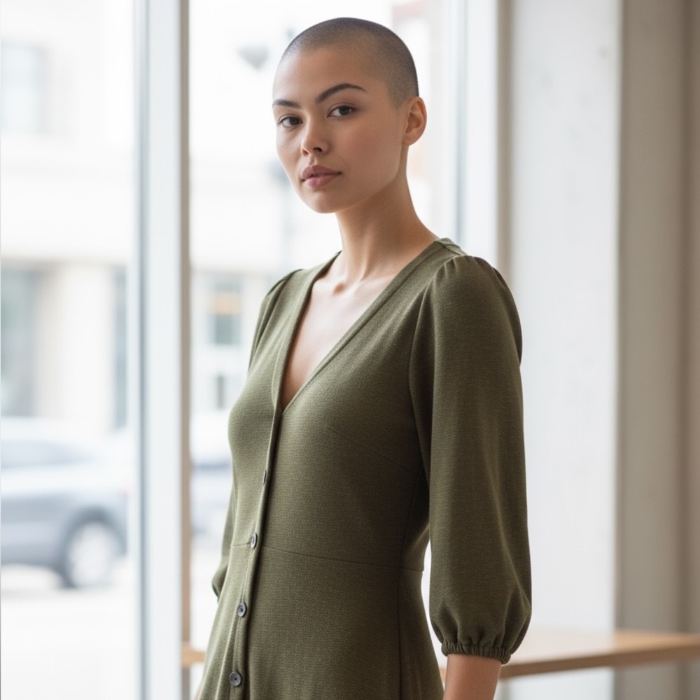 LOFT Olive Button-Front Long Sleeve Dress